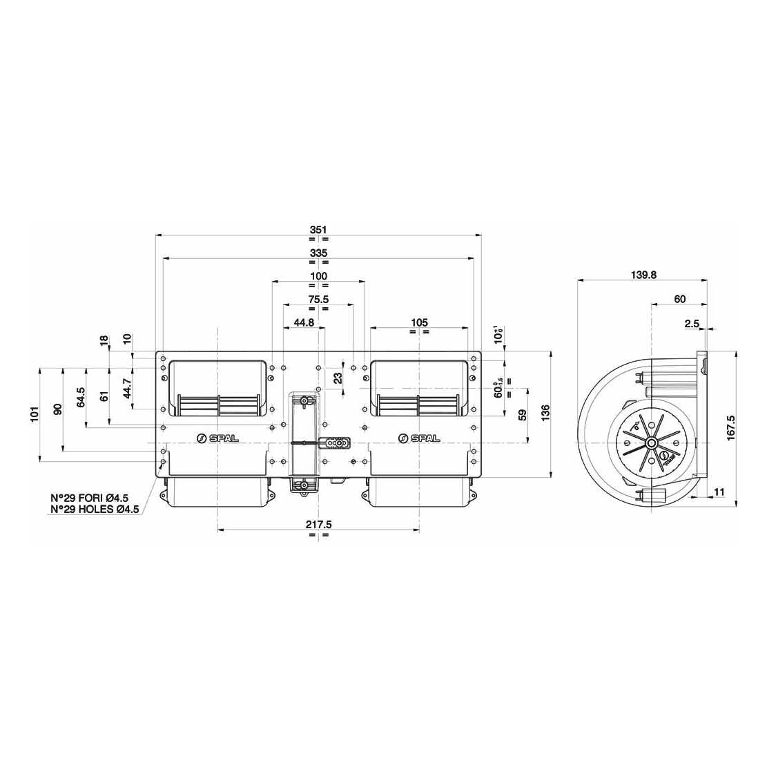 Ventilateur centrifuge double SPAL 24V, 1 vitesse | 006-B39-22