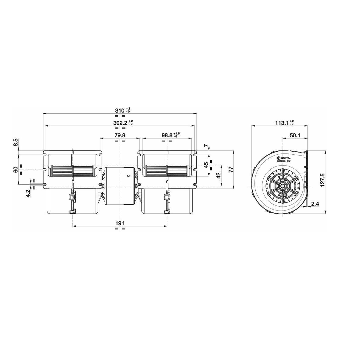 Ventilateur centrifuge double SPAL 24V, 1 vitesse | 008-B45-02