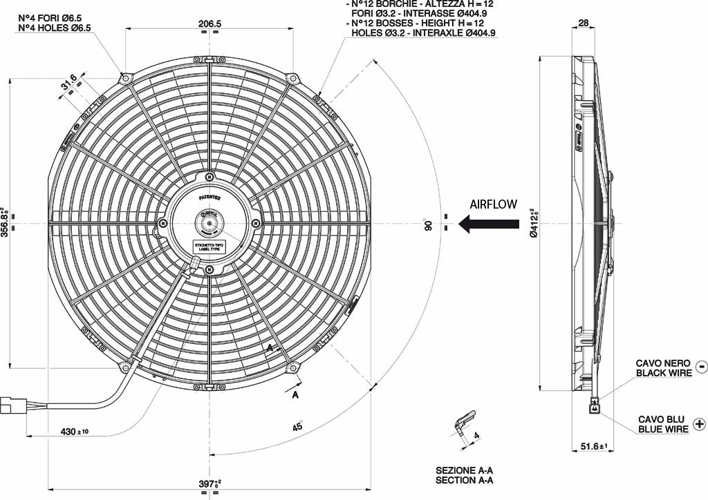Ventilateur Spal 12V, 385 MM, soufflant | VA18-AP10/C-41S