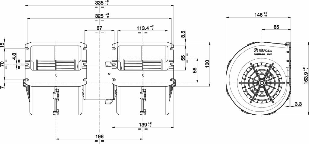 Ventilateur centrifuge double SPAL 12V, 3 vitesses| 009-A39-22