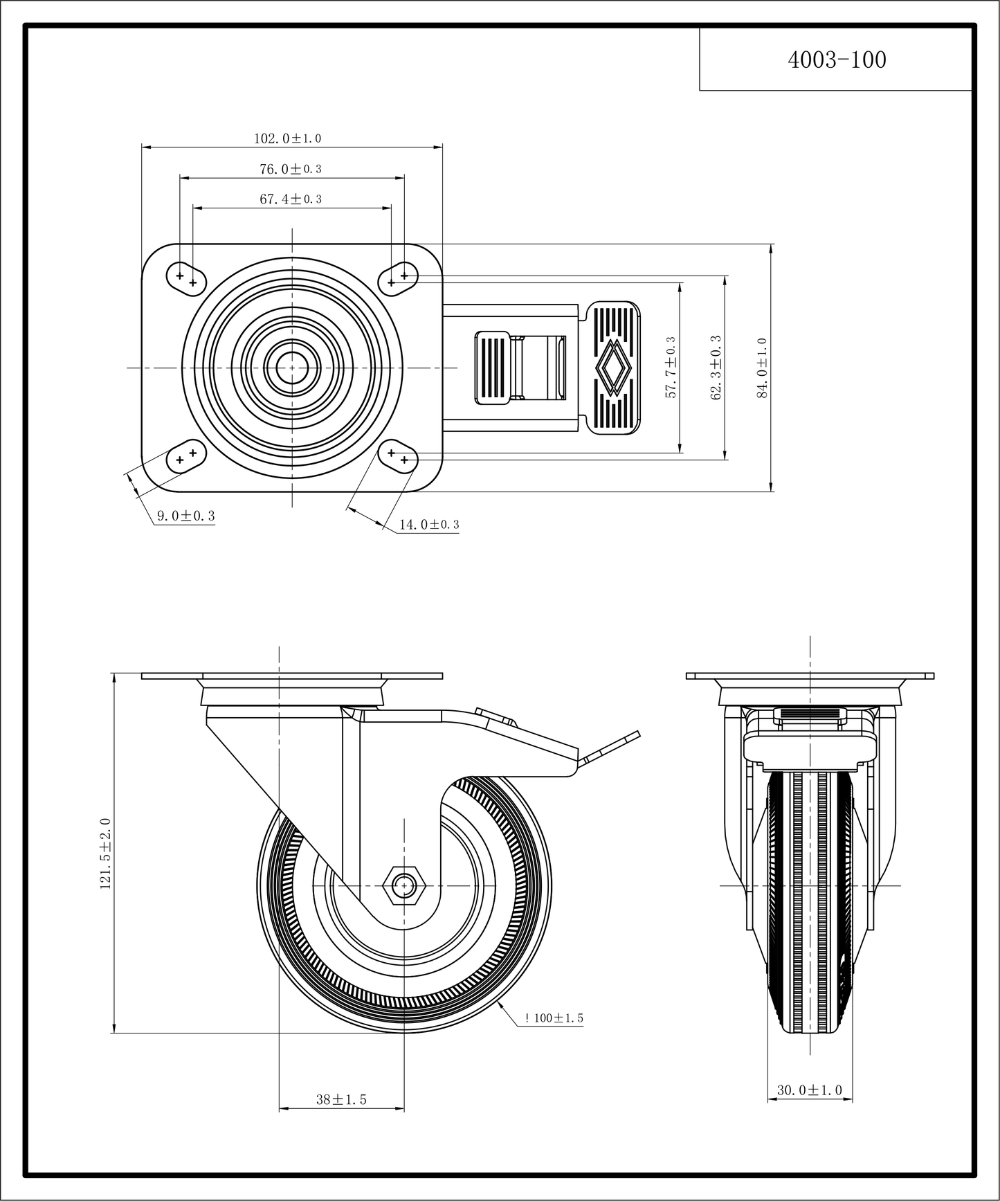 Roulette pivotante avec frein, galvanisée, ferrée à plaques 100 MM | 4003-100
