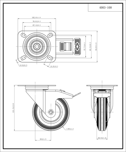 Roulette pivotante avec frein, galvanisée, ferrée à plaques 100 MM | 4003-100