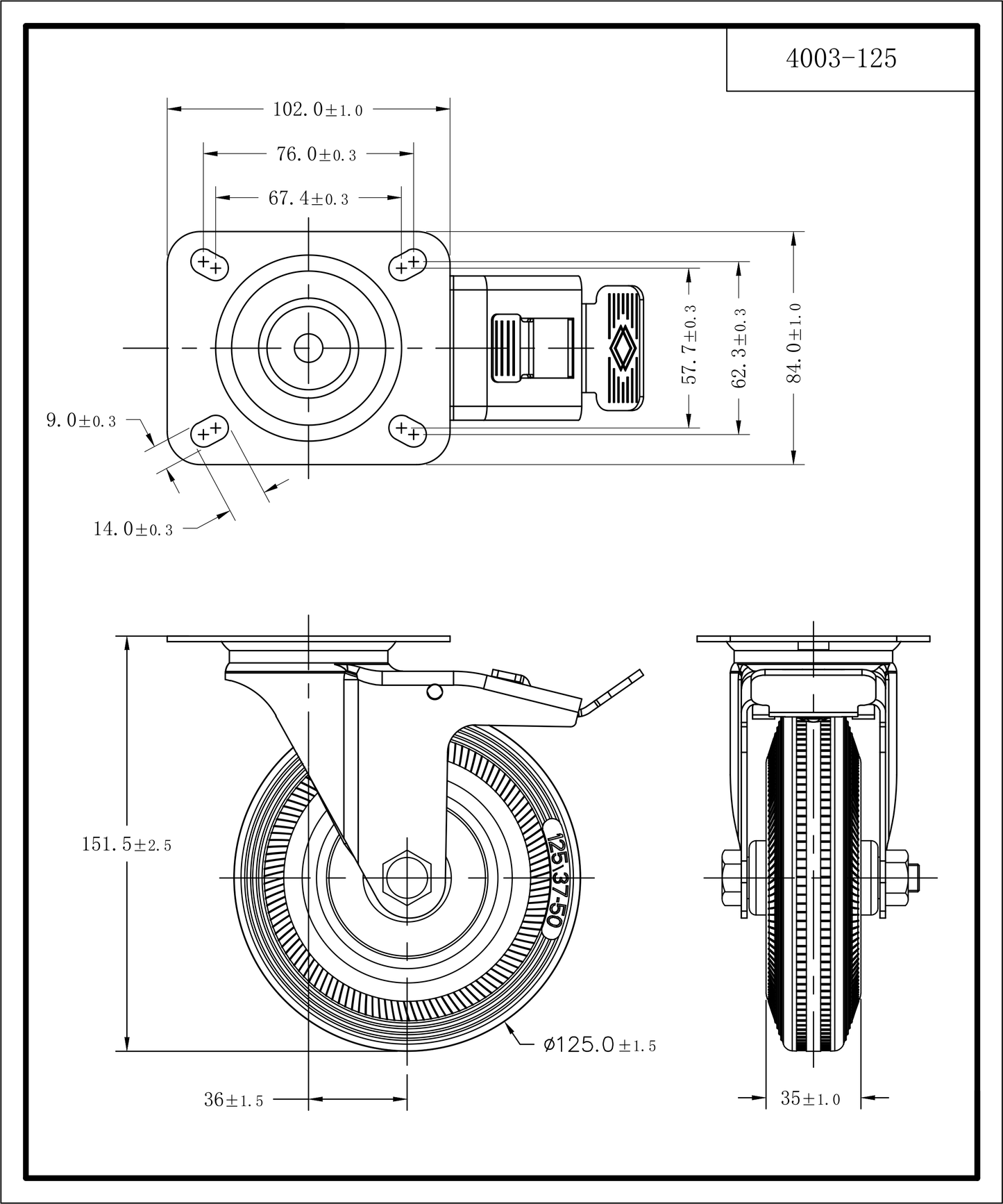 Roulette pivotante avec frein, galvanisée, ferrure à plaques 125 MM | 4003-125