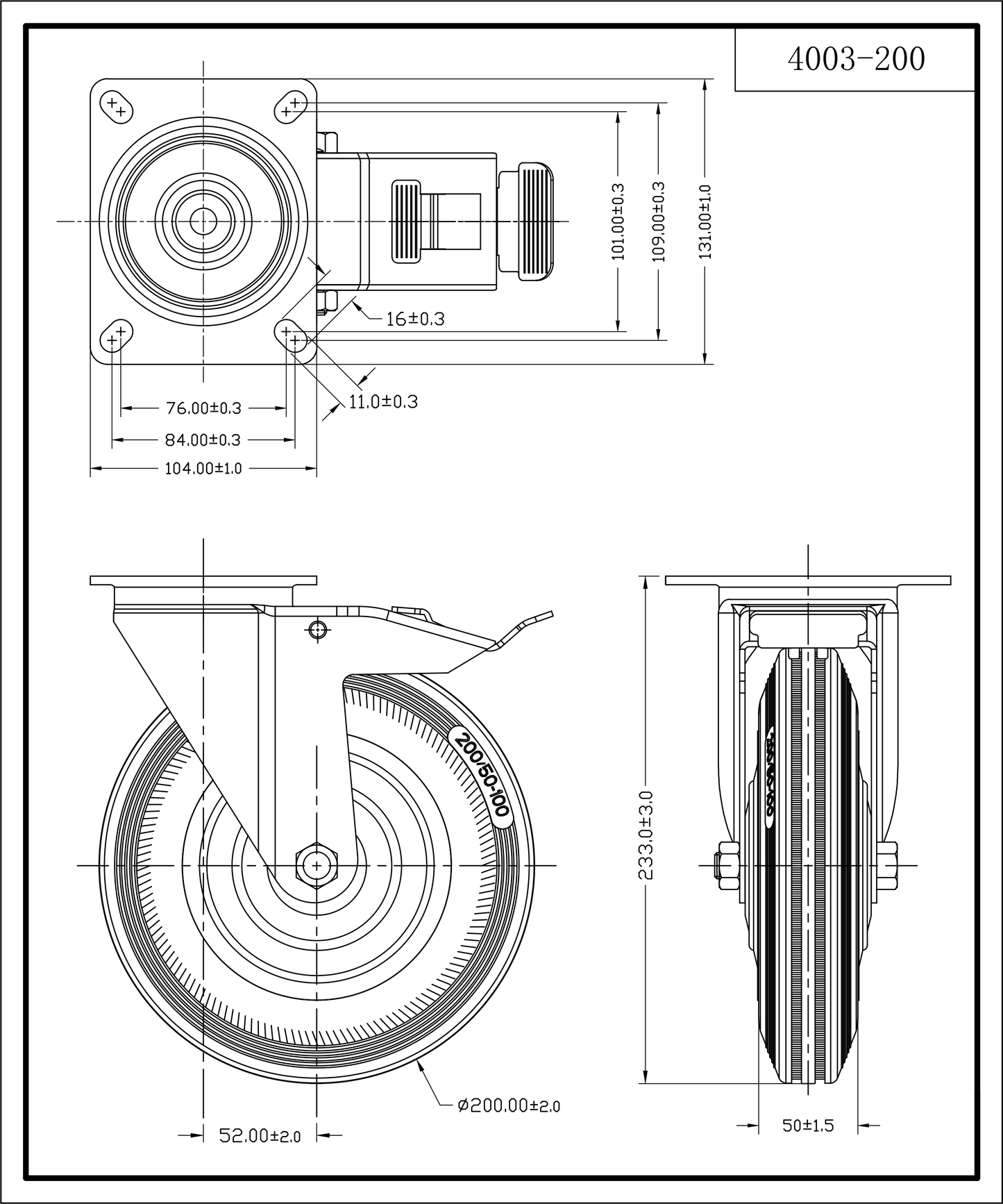 Roulette pivotant avec frein, galvanisée, ferrure à plaques 200 MM | 4003-200
