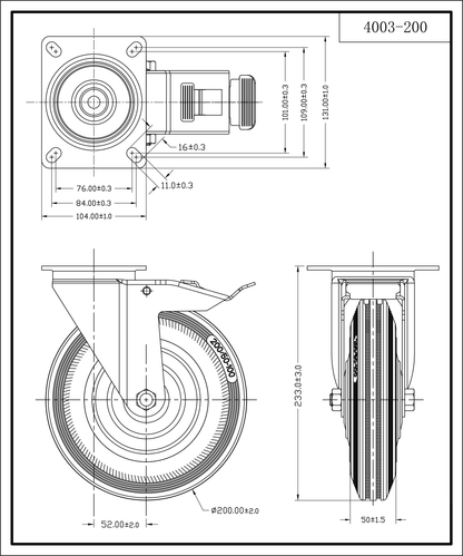Roulette pivotant avec frein, galvanisée, ferrure à plaques 200 MM | 4003-200