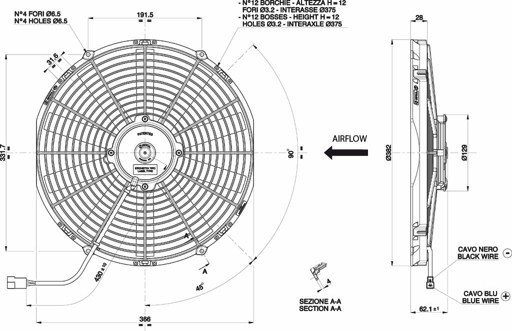 Ventilateur hélicoïde SPAL  12V, 350 MM, soufflant | VA08-AP51/C-23S