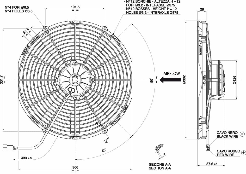 Ventilateur hélicoïde SPAL 12V, 350 MM, soufflant | VA08-AP70/LL-23MS