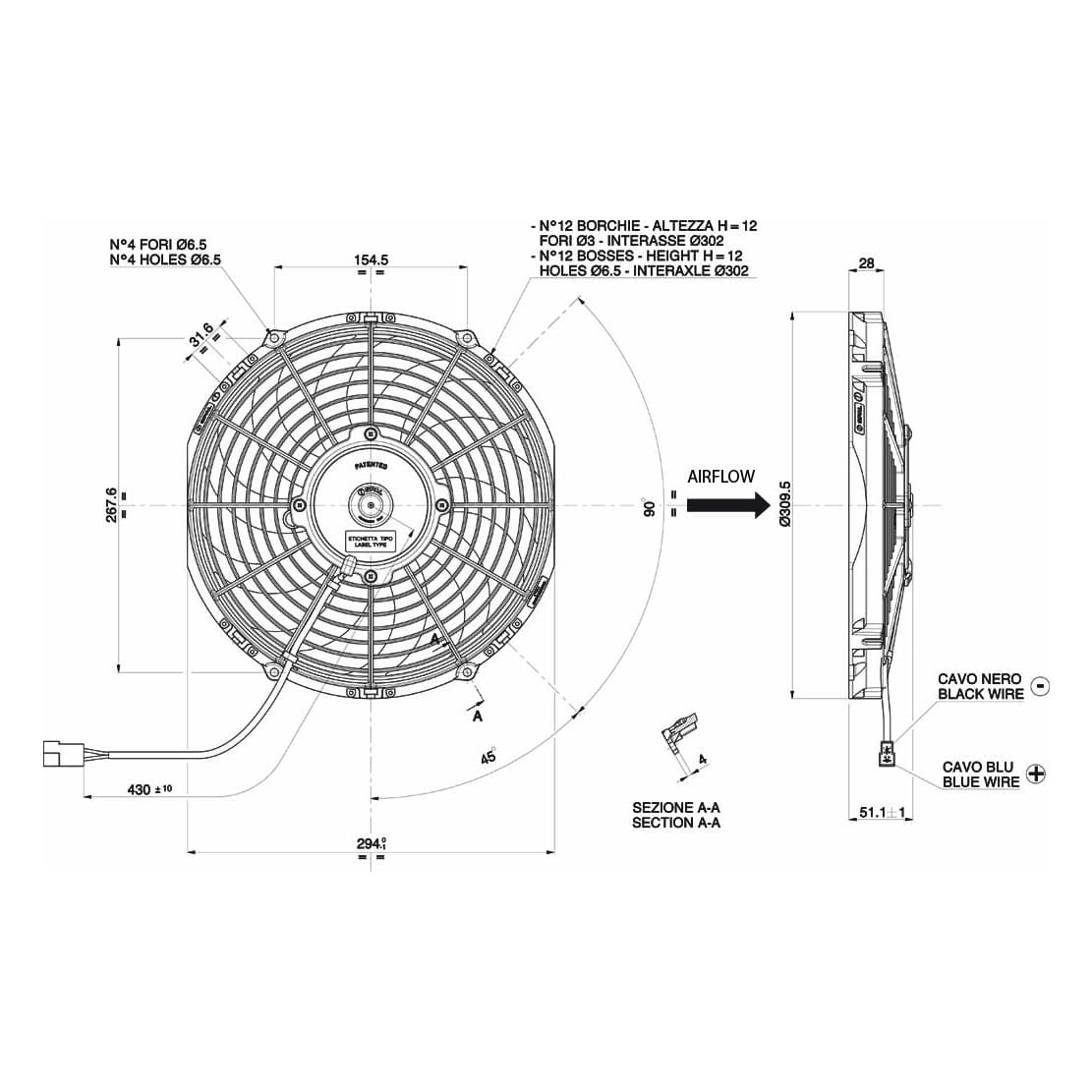 Ventilateur Spal 12V, 280 MM, aspirant | VA09-AP12/C-54A