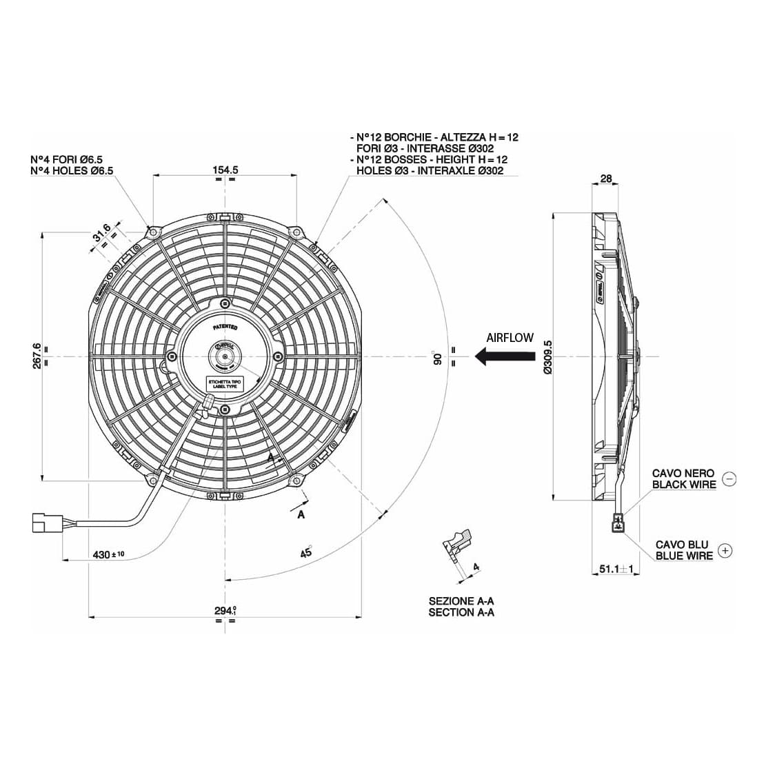 Ventilateur hélicoïde SPAL 12V, 280 MM, soufflant| VA09-AP8/C-27S