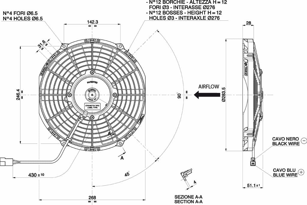 Ventilateur hélicoïde SPAL 24V, 255 MM, soufflant | VA11-BP7/C-29S