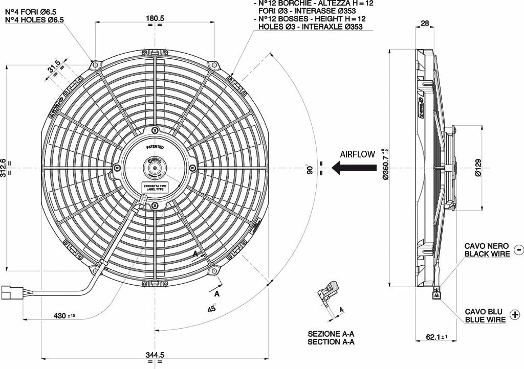 Ventilateur hélicoïde SPAL 12V, 330 MM, soufflant | VA13-AP51/C-35S