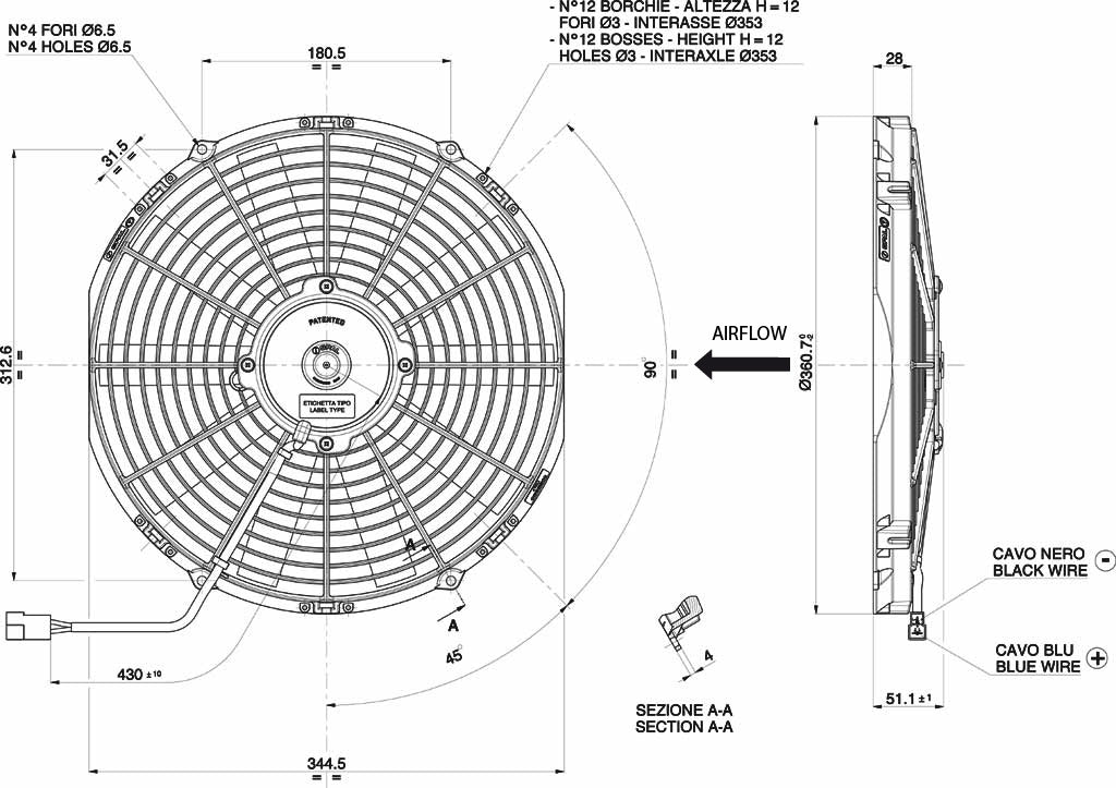Ventilateur hélicoïde SPAL 12V, 330 MM, soufflant | VA13-AP9/C-35S