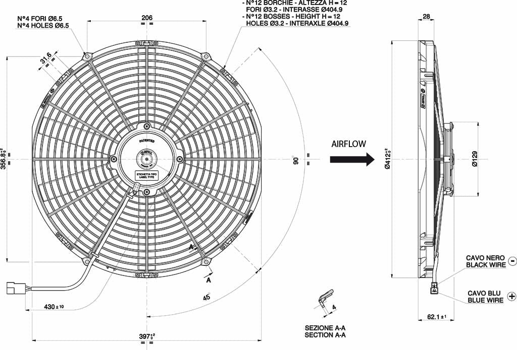 Ventilateur Spal 12V, 385 MM, aspirant | VA18-AP51/C-41A