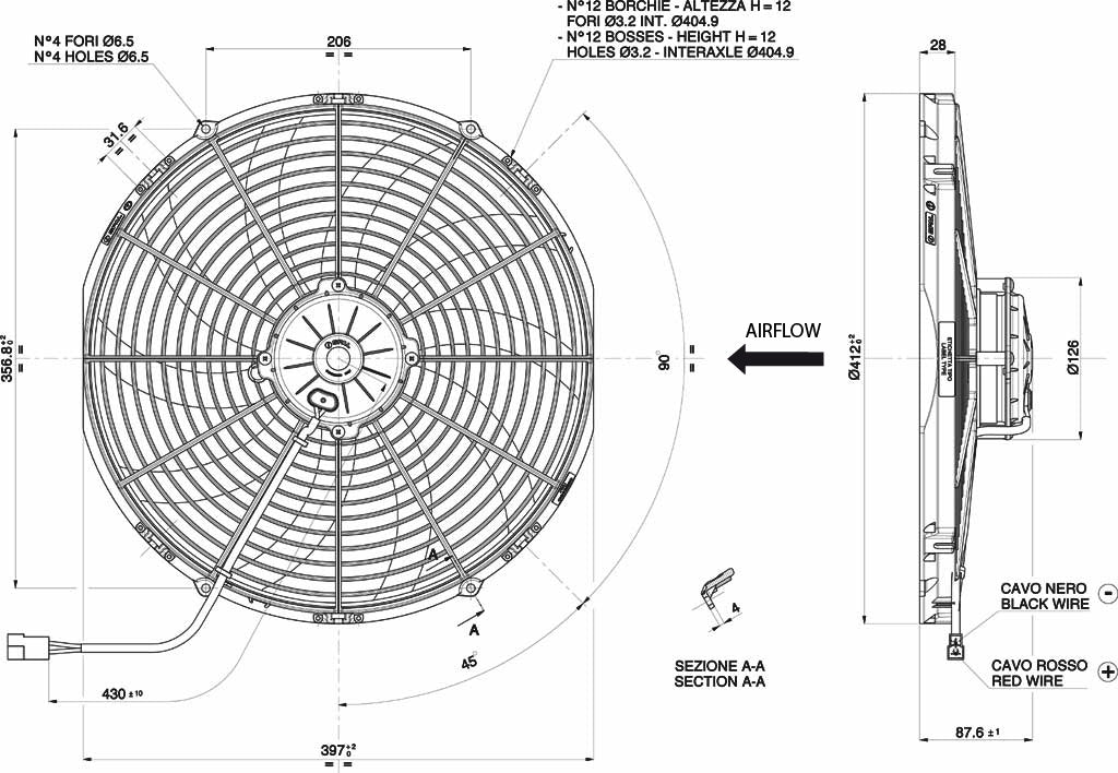 Ventilateur hélicoïde SPAL 12V, 385 MM, soufflant | VA18-AP71/LL-42S